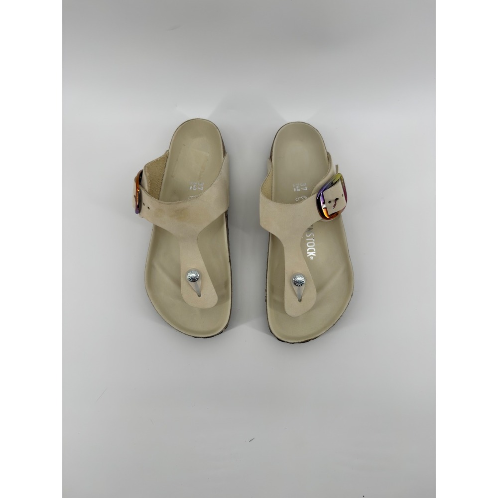 Birkenstock Gizeh Big Buckle Sandals Cream Nubuck Iridescent Hardware 37 L6 M4 - Picture 1 of 4